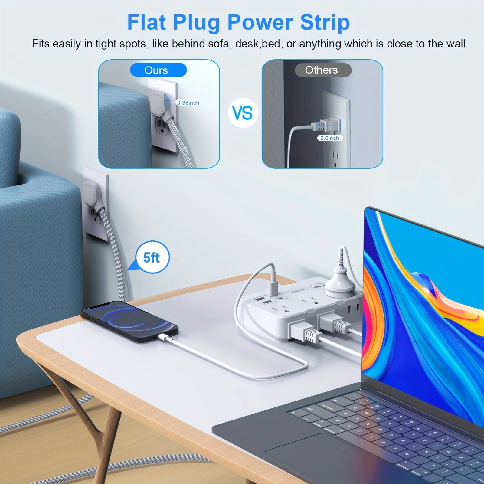 US Plug AC Outlet Power Strip with Braided Extension Cord