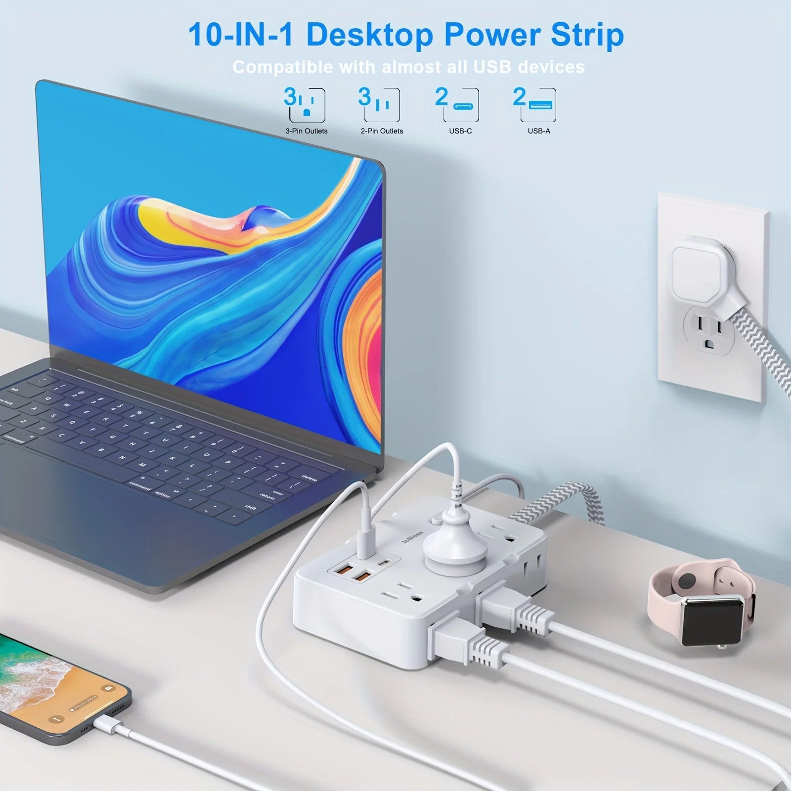 US Plug AC Outlet Power Strip with Braided Extension Cord