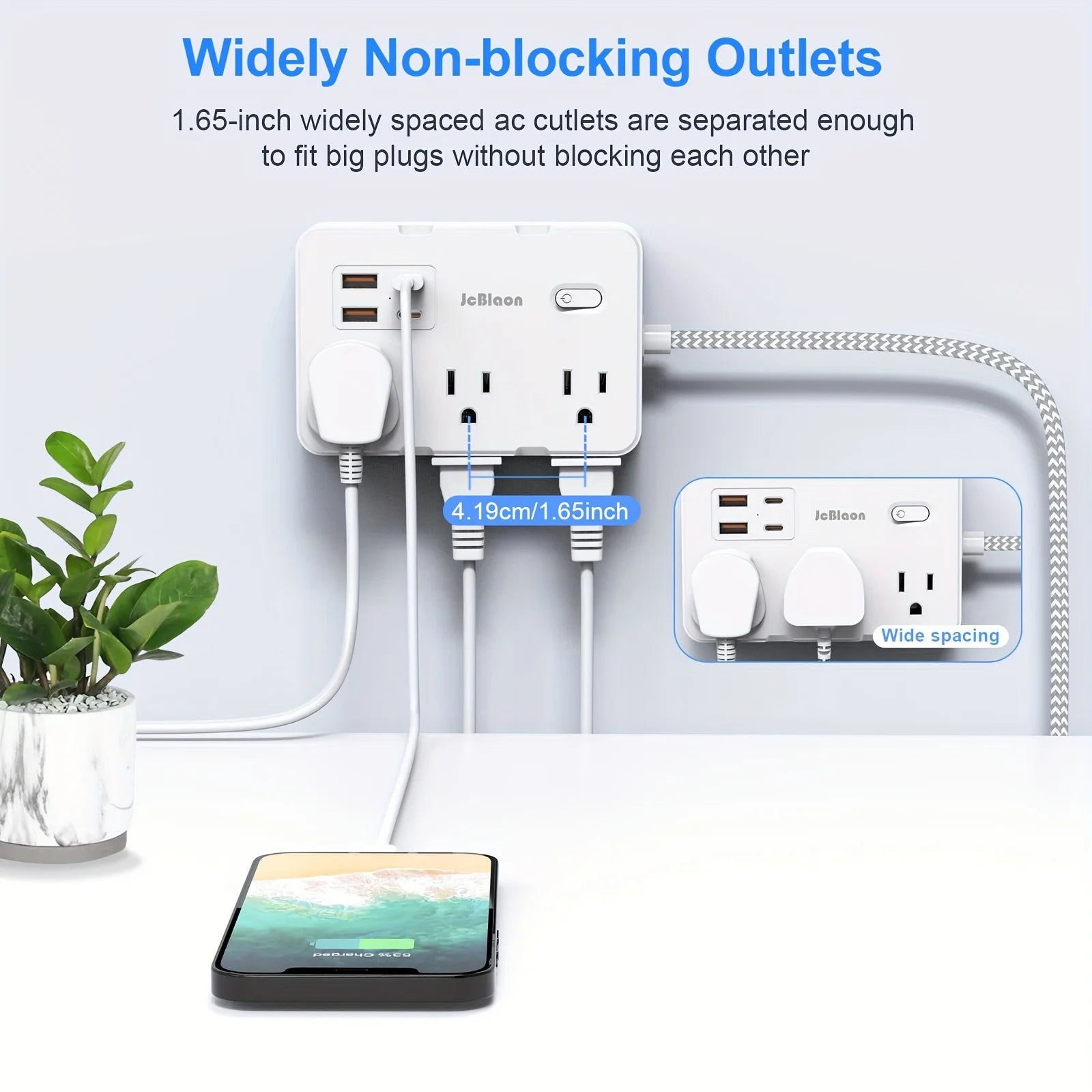 US Plug AC Outlet Power Strip with Braided Extension Cord