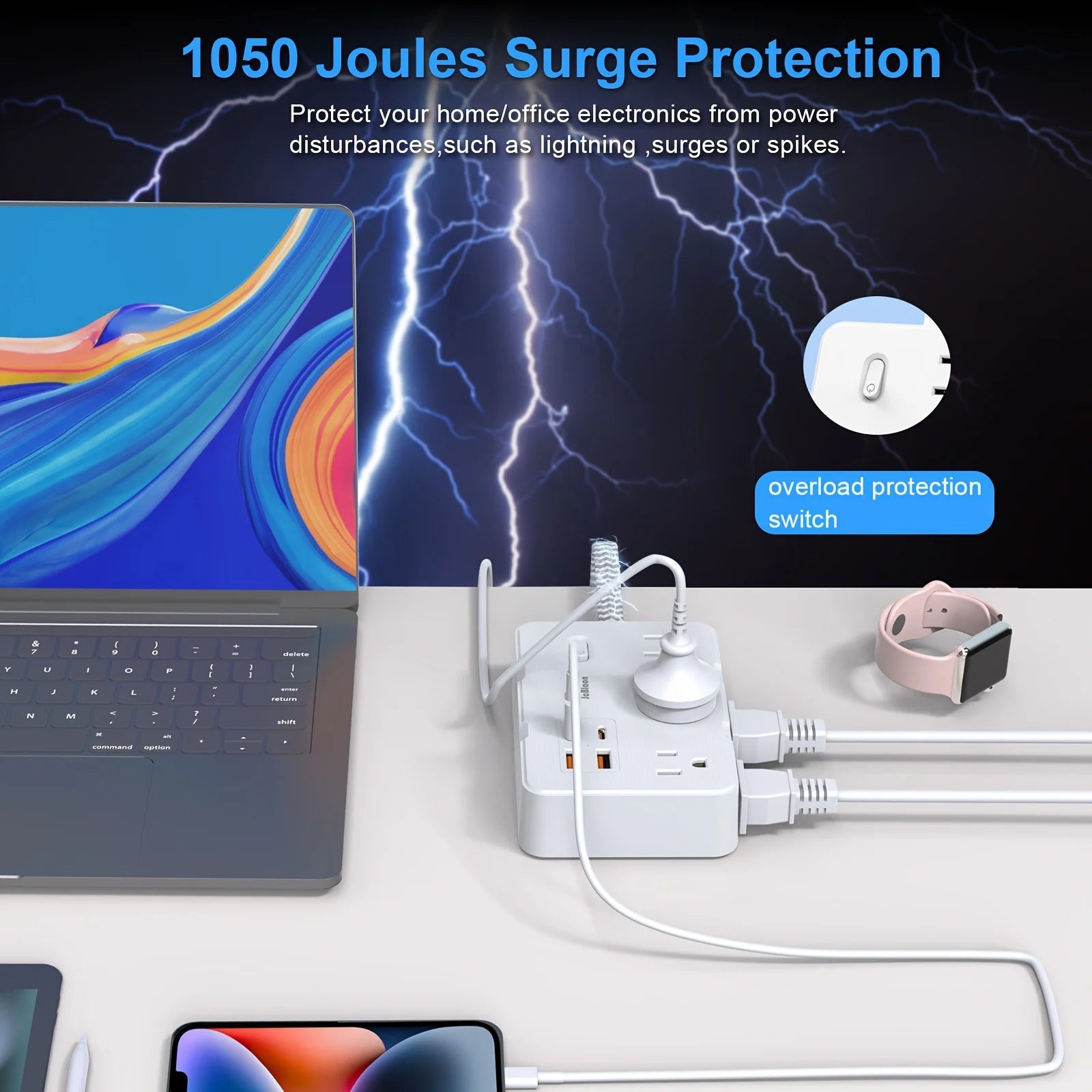 US Plug AC Outlet Power Strip with Braided Extension Cord